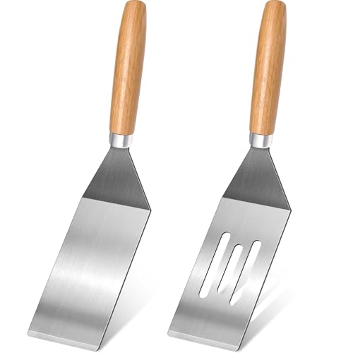2-Piece Small Stainless Steel Spatula Set with Wooden Handles