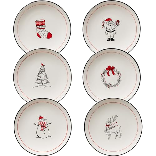 Ceramic Christmas Plates, 6 inch Porcelain Holiday Round Appetizer/Dessert Plates, Set of 6
