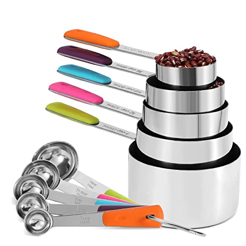 11Pcs Stainless Steel Measuring Cups and Spoons Set, Stackable Metal Measure Cup, Widely Used Kitchen Dry Food, Cooking Baking Measurements (Kitchen Funnel)