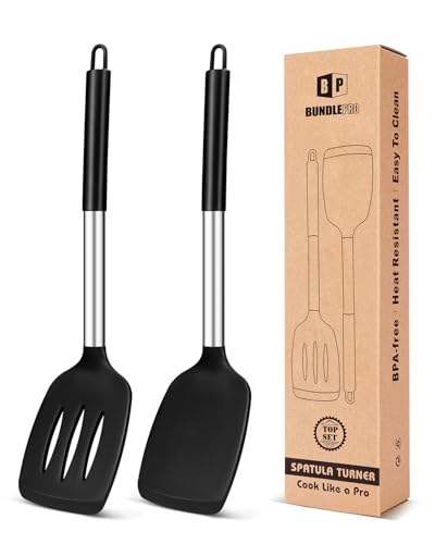 Pack of 2 Silicone Solid Turner,Non Stick Slotted Kitchen Spatulas,High Heat Resistant BPA Free Cooking Utensils,Ideal Cookware for Fish,Eggs,Pancakes (Black)