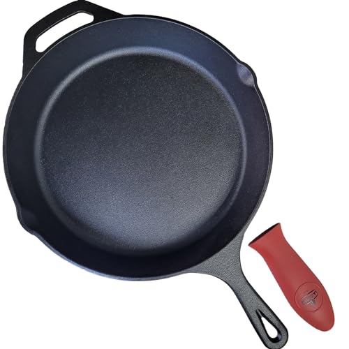 12&rdquo; Cast Iron Skillet Frying Pan with Matte Black Enamel Coating &ndash; Thermal Resistant Silicone holders included. Ideal for both Indoor & Outdoor Use, Oven Safe.