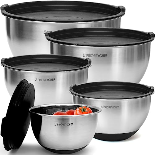 Premium Stainless Steel Mixing Nesting Bowls With Airtight Lids - 1.5/2/3/4/5 Quart, Black