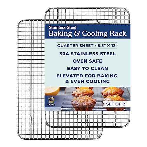Oven-Safe, Dishwasher-Safe 100% Stainless Steel Cooling and Baking Rack Set - Tight-Wire Racks for Oven Cooking - Food-Safe, Heavy Duty - 8.5x12-inch - Set of 2 - Small Quarter Sheet Pan Cooling Racks