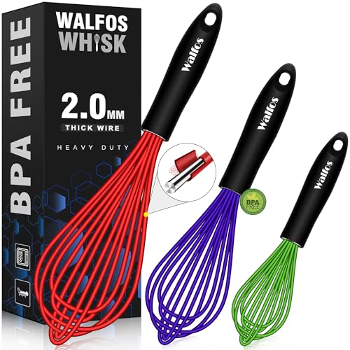 Walfos Silicone Balloon Whisk, Heat Resistant Non Scratch Coated Kitchen Whisks for Cooking Nonstick Cookware, Balloon Egg Wisk Perfect for Blending, Baking, Beating, Set of 3 ,Red,Blue,Green