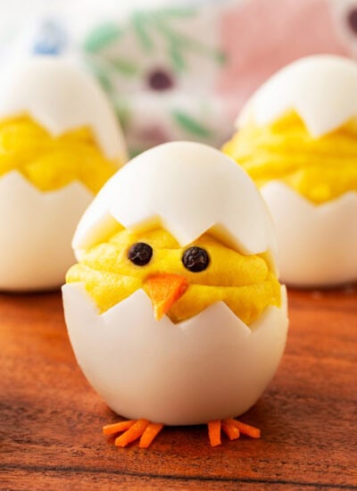 Deviled Egg Chick on a board.