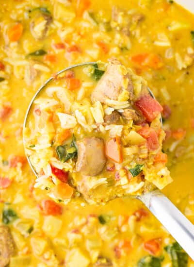 Taking a large ladle of Mulligatawny Soup.